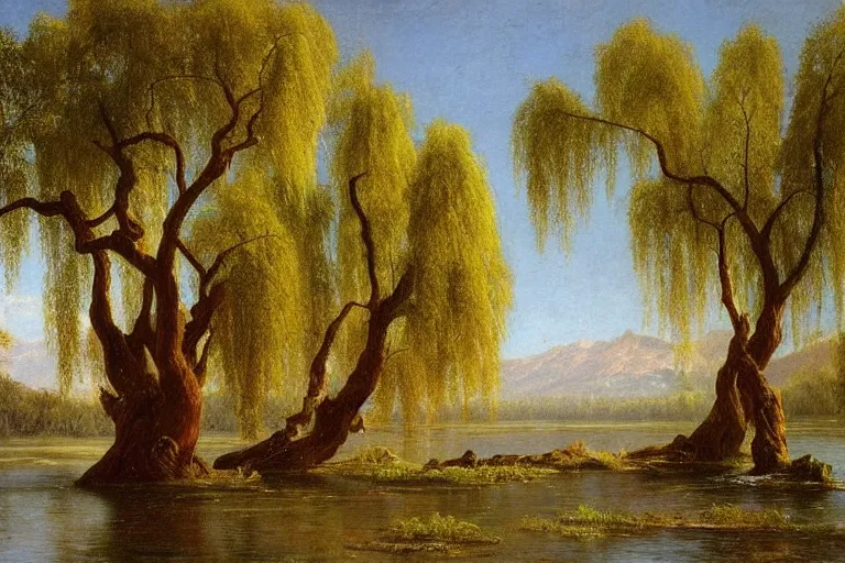 Image similar to oil painting of a detailed willow tree next to a raging river on a sunny day by albert bierstadt