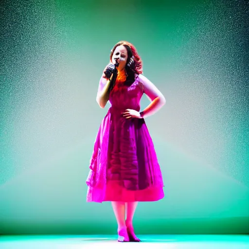 Prompt: beautiful actress singing on a stage of a broadway musical, colorful dress, rural setting, professional photography, theatrical lighting, volumetric lighting