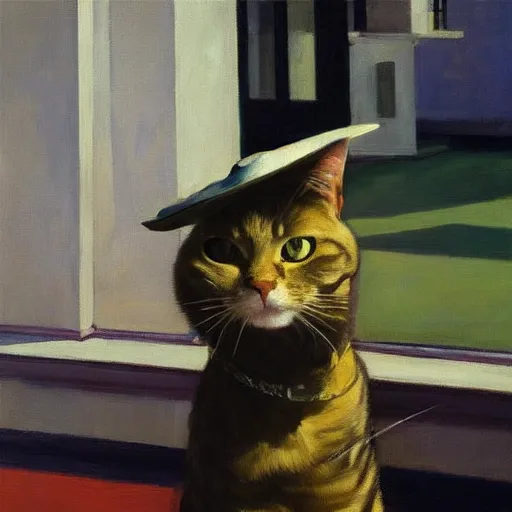 Image similar to a robotic cat wearing a hat, a highly detailed edward hopper painting, by adrian ghenie and gerhard richter. art by sorolla. masterpiece, flat surreal design with deep colours. 8 k. artstation