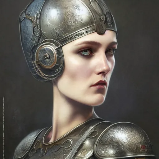 Image similar to tom bagshaw, curiosities carnival metal cables, photorealistic medium shot soft paint of a single beautiful female full long futuristic metallic armor ornate helmet, face, accurate features, focus, very intricate ultrafine details, award winning masterpiece