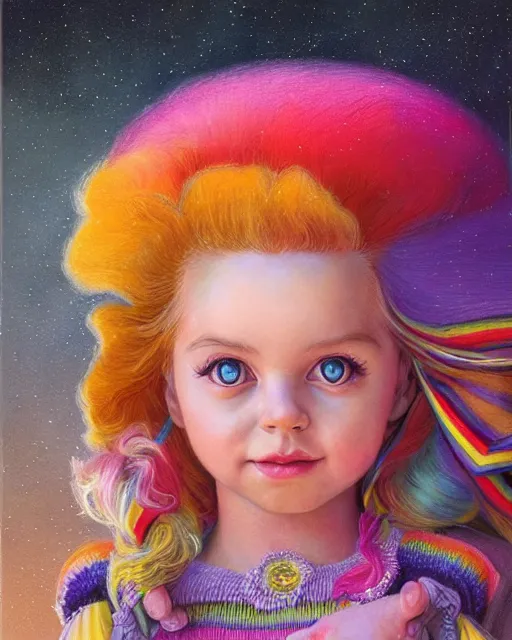 Prompt: 1 9 8 0 s doll rainbow brite portrait | highly detailed | very intricate | symmetrical | whimsical and magical | soft cinematic lighting | award - winning | closeup portrait | painted by donato giancola and mandy jurgens and charlie bowater | pastel color palette | featured on artstation