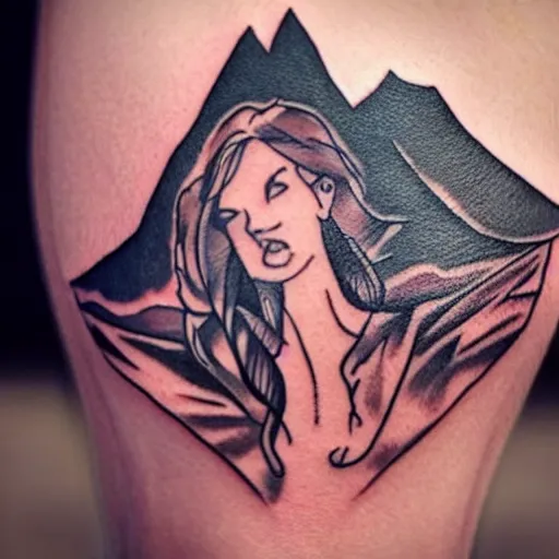 Image similar to tattoo design sketch of a beautiful girl and beautiful mountain scenery, hyper realistic