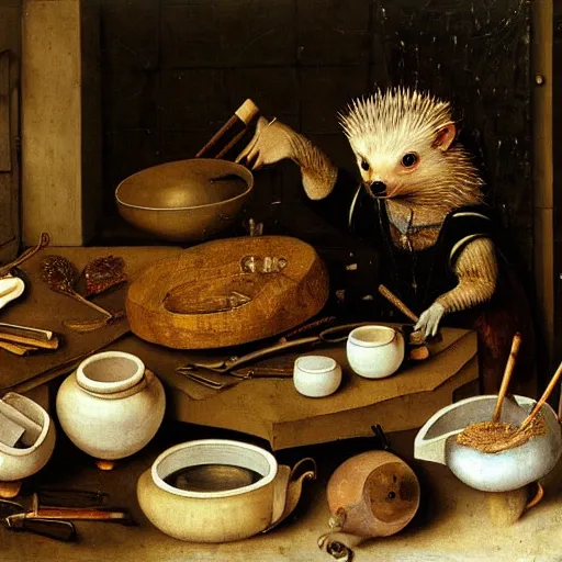 Prompt: painting of a confused hedgehog on a table in a ceramic workshop, surrounded by ceramicists tools and unfinished bowls, oil painting, northern renaissance art, oil on canvas, wet - on - wet technique, realistic, intricate textures, illusionistic detail