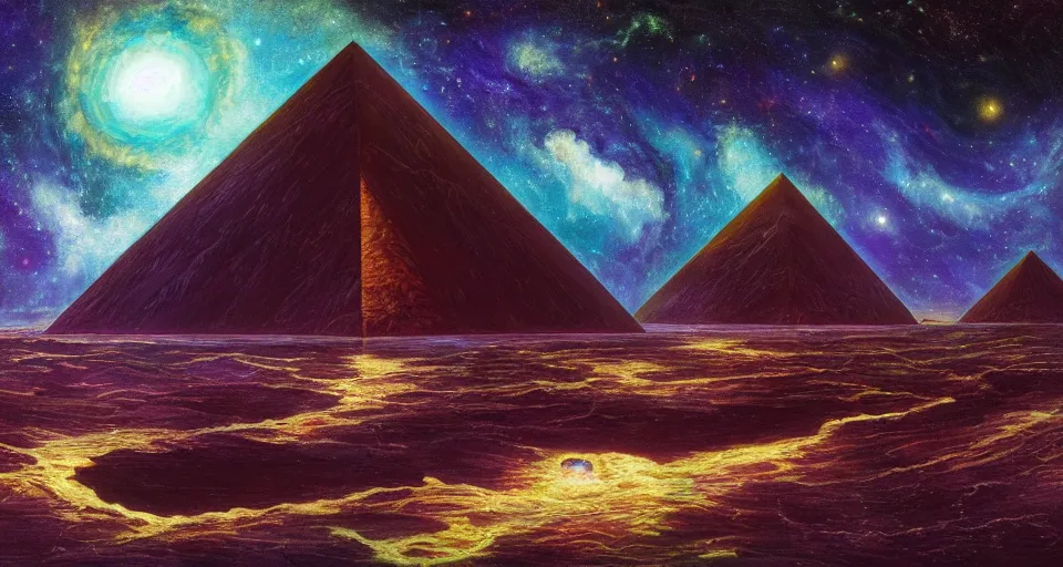 Prompt: black lovecraftian eldritch!! obsidian! pyramid!! surrounded by dark reflective sea, cosmic colorful space!, bright stars, nebula, sky background by eugene von guerard, ivan shishkin, night, concept art, trending on artstation, 8 k