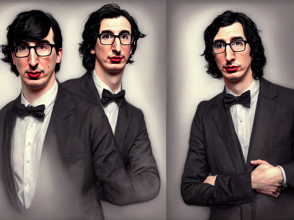 Image similar to photo booth, painting of both john oliver and adam driver together, john oliver in front, full body, elegant, beautiful, highly detailed, centered, dark, smokey, digital painting, concept art, smooth, sharp focus, illustration, deviant art, art by artgerm, art by greg rutkowski, art by alphonse mucha