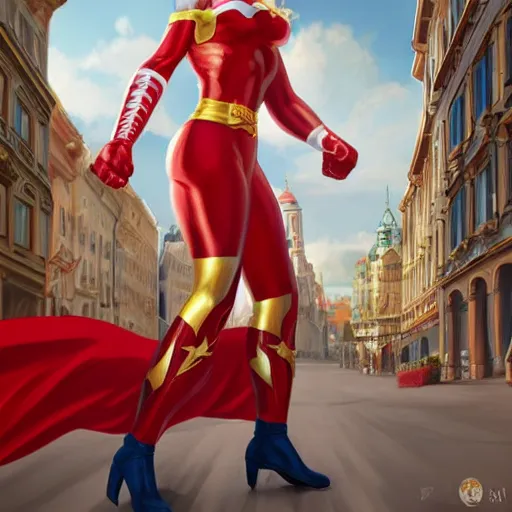 Image similar to captain vienna, a austrian superhero, red and white costume colors, with an eagle emblem, eagle logo, vienna city, european buildings, austrian architecture, highly detailed, digital painting, artstation, concept art, smooth, sharp focus, illustration, unreal engine 5, 8 k, art by artgerm and greg rutkowski and edgar maxence