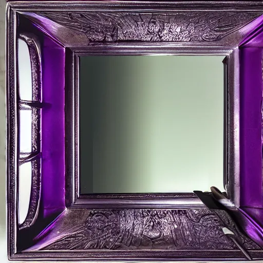 Image similar to a mirror in the shape of an antique silver tray floating and shooting purple magic in a castle, digital art