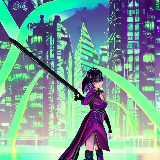 Prompt: gloomy girl in a pretty mid-length dress with a sharp katana in front of a cybercity in neon colors, plants around the katana and a snake around her shoulders, high details