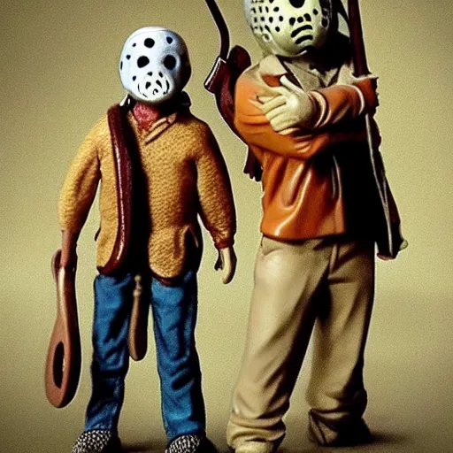 Image similar to Leatherface and Jason voorhees in a Wes Anderson style horror movie