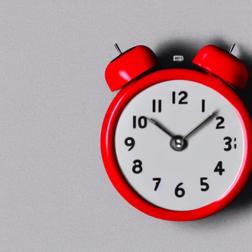 Image similar to Very tiny red alarm clock that looks like the iOS emoji and has the same colors, 3D clay render, 4k UHD, white background, isometric top down left view, diffuse lighting, zoomed out very far