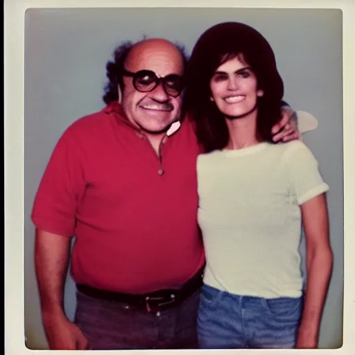 Image similar to found faded 1978 polaroid picture of my parents who look just like Danny Devito and Cindy Crawford