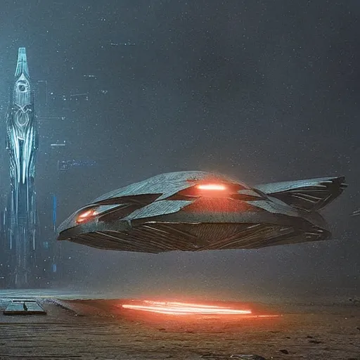 Image similar to scene from bladerunner 2 0 4 9 movie, hr giger artlilery spaceship lands in an alien landscape, filigree ornaments, volumetric lights, simon stalenhag, beksinski