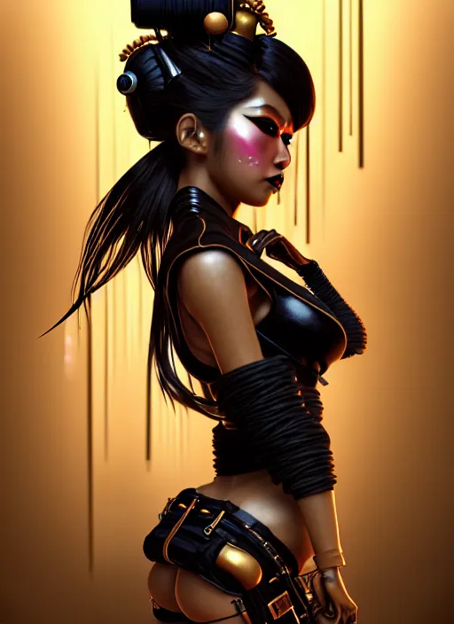 Image similar to soft lustrous ebony seductive geisha raver gutter punk steampunk cyborg, golden ratio, details, scifi, fantasy, cyberpunk city, intricate, decadent, highly detailed, digital painting, octane render, artstation, concept art, smooth, sharp focus, illustration, art by artgerm, loish, wlop