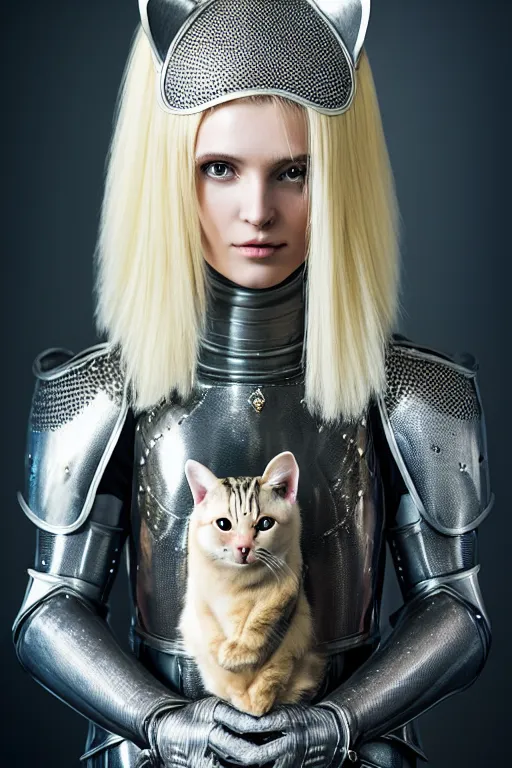 Image similar to female knight wearing a real cat on her head, armor designed by wayne barlowe, swarovski and tiffany, blonde hair, symmetry, sci - fi, cinematic, elegant, luxury, perfect light, perfect composition, dlsr photography, sharp focus, dark fantasy, 8 k, ultra hd, sense of awe, highly detailed, realistic, intricate