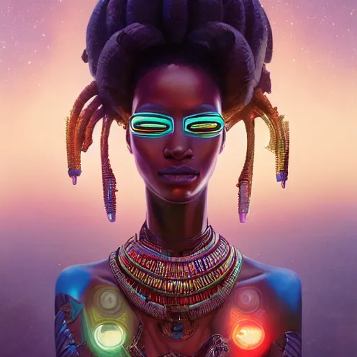 Image similar to highly detailed portrait of an african neon egyptian goddess, intricate alien technology, stephen bliss, unreal engine, fantasy art by greg rutkowski, loish, rhads, ferdinand knab, makoto shinkai and lois van baarle, ilya kuvshinov, rossdraws, tom bagshaw, global illumination, radiant light, detailed and intricate environment