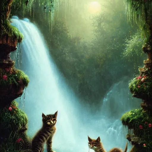 Image similar to two kittens watching the waterfall in the enchanted forest, fantasy, intricate, extremely detailed, face enhance, matte, artstation, art by louis wain, greg rutkowski