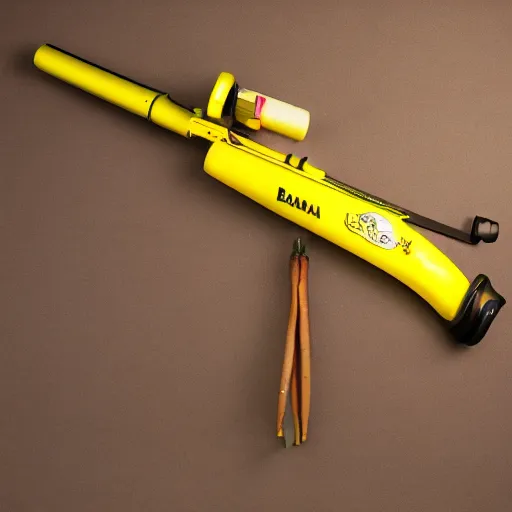 Prompt: product photo of a banana rifle. Studio lighting.