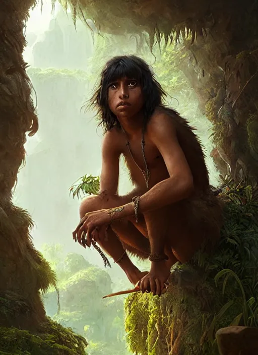 Image similar to highly detailed portrait of mowgli, unreal engine, fantasy art by greg rutkowski