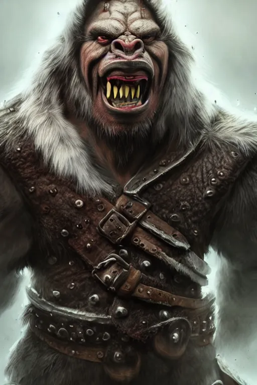 Prompt: A full body shot of a handsome orc with white teeth looking into the camera wearing a leather fur jacket, full body shot, detailed face, orc, portrait, artstation, realistic, highly detailed, symmetrical, D&D, Dungeons & Dragons, hyper realistic, dynamic pose, high detail, octane render, unreal engine, 8k, fantasy art, highly detailed, dramatic lighting, concept art