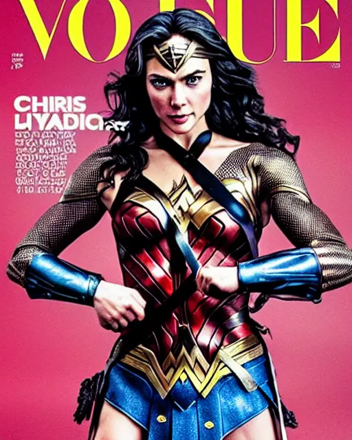 Image similar to Wonder Woman with Chris Hemsworth face, Vogue cover photo