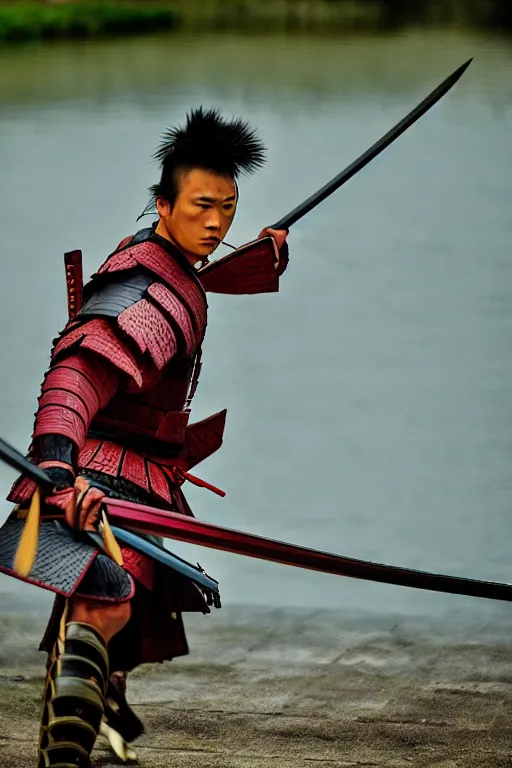 Image similar to samurai, duel, lake, spiked, sharp focus, extremely detailed