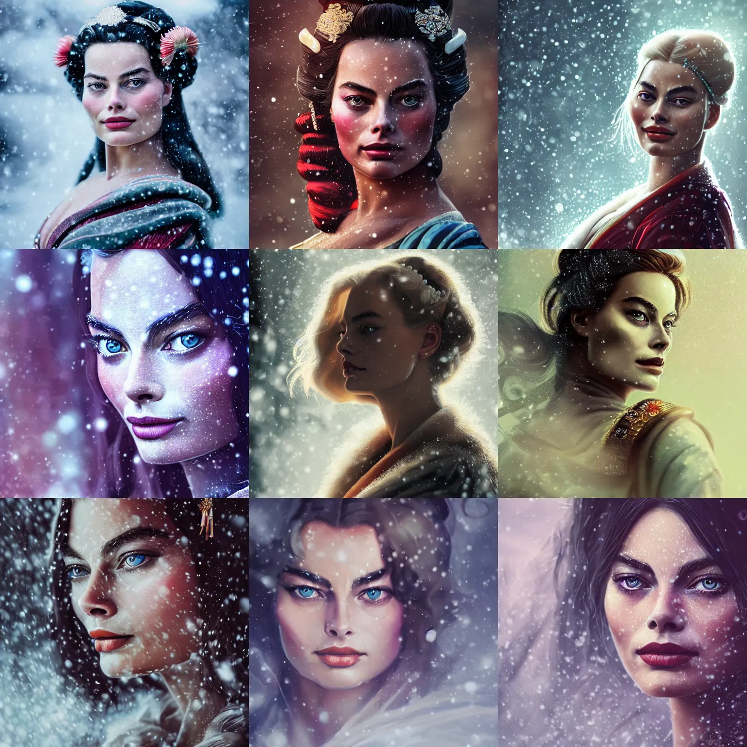 Prompt: a beautiful ultradetailed fantasy character portrait of margot robbie as a geisha wielding a sword by zach sutton and charlie bowater, catchlight in the eyes, trending in behance, close up 50mm portrait photo, bokeh, 4K, during snowfall