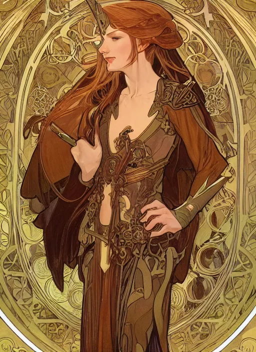 Image similar to galadriel in the slumps brown skin golden hair brown leather armor high fantasy dnd smooth sharp focus illustration by rossdraws, alphonse mucha frank fanzzeta