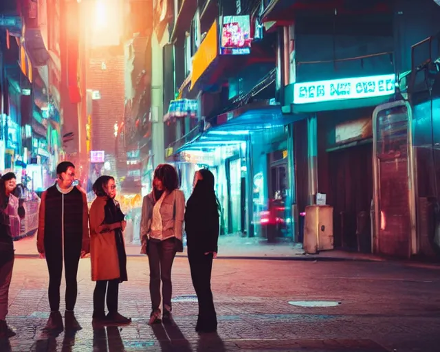 Image similar to group of people standing on a street corner in a cyberpunk city