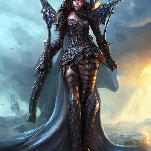 Image similar to a ruthless female paladin, full body, 8 k, hyperrealistic, dragon slayer, hyperdetailed, fantasy portrait by laura sava