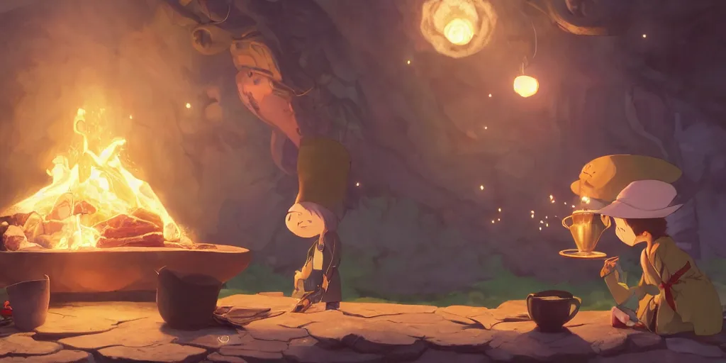 Prompt: a wholesome animation key shot of wizard with a hat coocking the magical brew that emmits sparklings in pot at fireplace, medium shot, waist up, studio ghibli, pixar and disney animation, sharp, rendered in unreal engine 5, anime key art by greg rutkowski, bloom, dramatic lighting