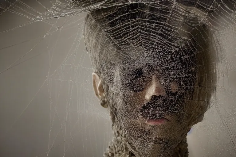 Image similar to portrait of a dusty armored skeleton covered in webs in a cave By Emmanuel Lubezki