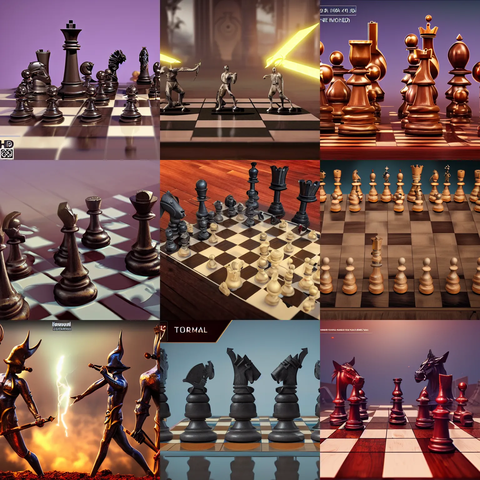 Prompt: homanoid chess pieces fighting with swords and weapons, hd, art station, 4k, uhd, unreal engine 5, cinematic lightning