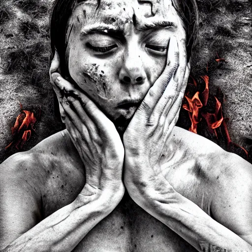 Image similar to portrait of a person who feels fear and agony while burning alive, 8k, highly detailed, photography