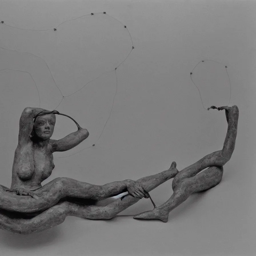 Prompt: extreme harsh lighting antique photograph of geometric surreal sculpture of a human drowning in a bathtub of its own bad dreams, made of charcoal and silicone tubing and black glass wire, fractal 3 d structure, sculpted by barbara hepworth and naum gabo, photographed by francesca woodman, grainy high contrast shocking detail trending on artstation 8 k