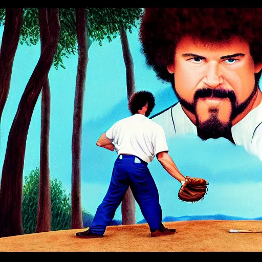 Image similar to a closeup photorealistic photograph of bob ross painting an image of kenny powers pitching a baseball on a canvas. mountains and trees. film still. brightly lit scene. this 4 k hd image is trending on artstation, featured on behance, well - rendered, extra crisp, features intricate detail, epic composition and the style of unreal engine.