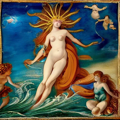 Image similar to The mixed media art depicts the goddess Venus, who is born from the sea, being blown towards the shore by the wind god Zephyr. On the shore, the goddess of love, beauty, and fertility, is greeted by the nymphs who attend to her. The mixed media art is a masterful example of use of color, light, and perspective. The figures are depicted in graceful poses, and the overall effect is one of serenity and beauty. white by Heather Theurer mournful