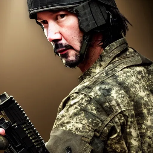 Image similar to keanu reeves wearing military outfit and camouflage cinematic photoshoot high quality highly affordable photo realistic 8 k hd