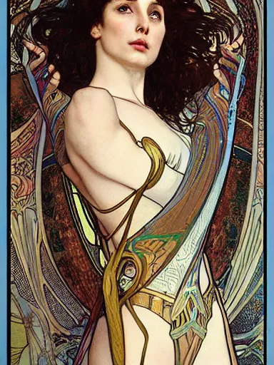 Image similar to a beautiful painting of gal gadot by Alphonse Mucha and by yoshitaka Amano and by Mark Brooks and by gustav klimt and by john william waterhouse, Art Nouveau, Neo-Gothic, gothic, award winning painting, hyperdetailed, detailed, full body