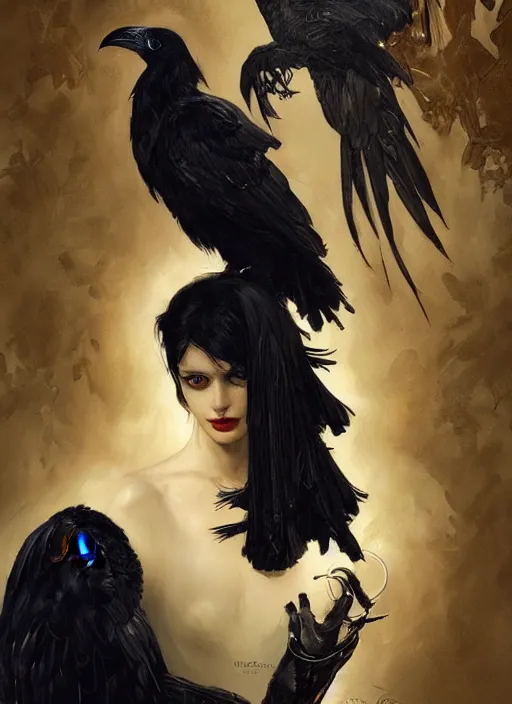 Image similar to portrait of a goth god and black raven by Neil Gaiman, intricate, elegant, highly detailed, digital painting, artstation, concept art, smooth, sharp focus, illustration, art by artgerm and greg rutkowski and alphonse mucha and francisco goya