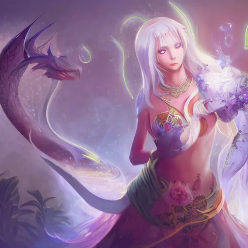 Image similar to selemene, moon goddess, studio mir, lotus plants, dragons, elemental, magic, fantasy, anime. the book dota. concept art, fantasy art, manga, elves, 1 6 k resolution, dof, trending on cgsociety.