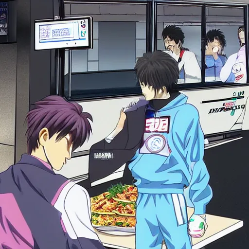 Image similar to ryosuke takahashi getting food at a drive - through, initial d anime screenshot, initial d anime 1 0 8 0 p, initial d stage 3