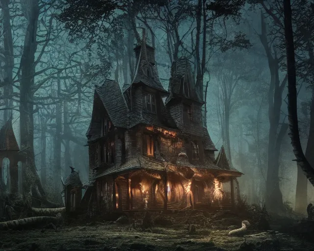 Image similar to the scariest witches house, that has giant snakes on the roof, in a scary dark forest, epic scene, dark, scary, horror, frightening, fantasy, cinematic, redshift render, cgi, hyper - detailed, photo - bash, 8 k post - production, masterpiece, in the style of greg rutkowski