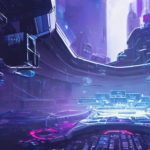 Prompt: concept art of an rpg game with a cyberpunk theme set on a space station