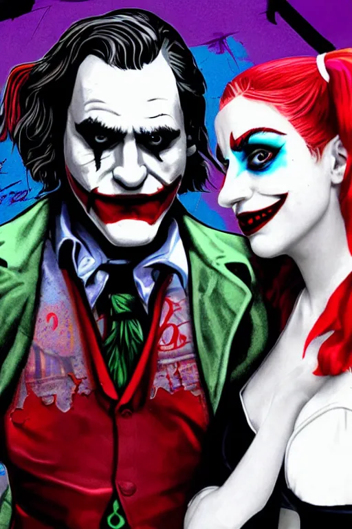 Image similar to joaquin phoenix as joker and lady gaga as harley quinn, remove duplicate content!!!!, delete duplicate content!!!, violet polsangi pop art, gta chinatown wars art style, bioshock infinite art style, incrinate, realistic anatomy, hyperrealistic, rgba color, white frame, content balance proportion