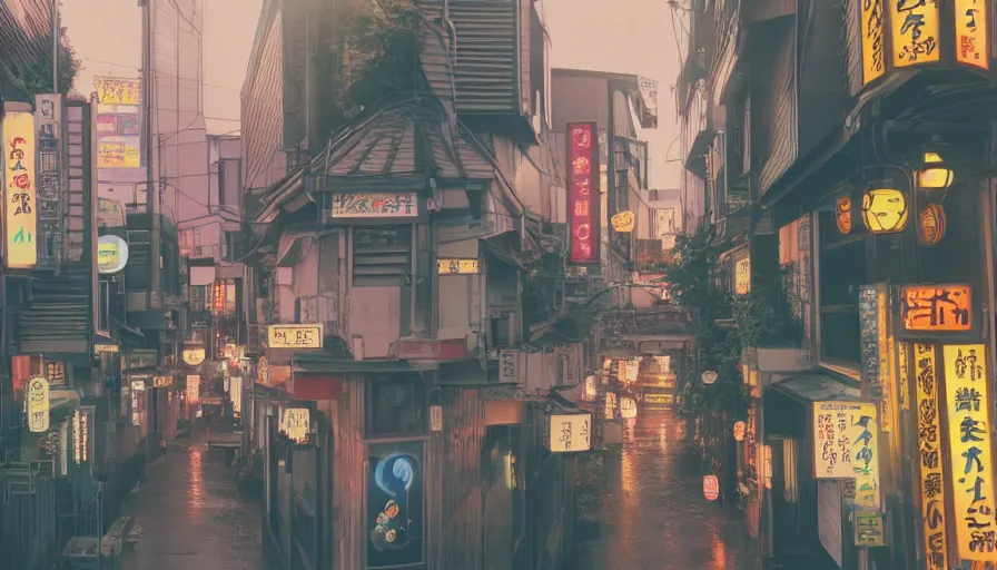 Prompt: A film still from a 1990s Sailor Moon cartoon tv show featuring a moody street in Japan with a waterfall and lanterns, lofi aesthetic, magical, golden hour, cinematic look, film grain, high detail, high resolution, 8k