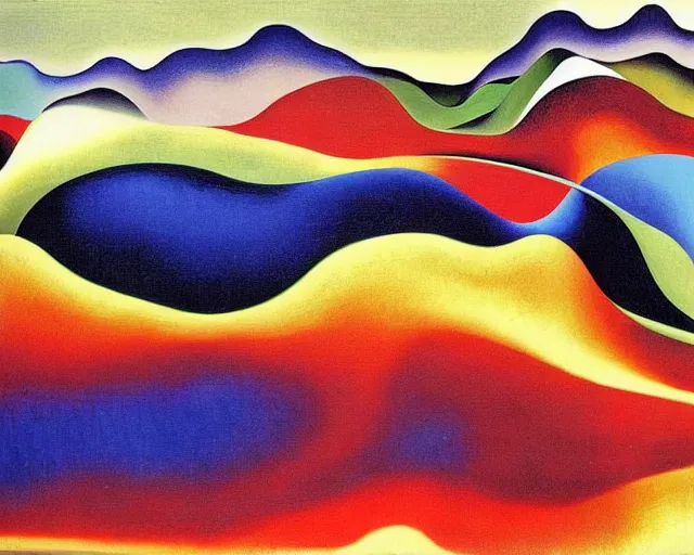 Image similar to An insane, modernist landscape painting. Wild energy patterns rippling in all directions. Curves, organic, zig-zags. Saturated color. Mountains. Clouds. Rushing water. Georgia O'Keeffe. Zao Wou-ki. Dali.