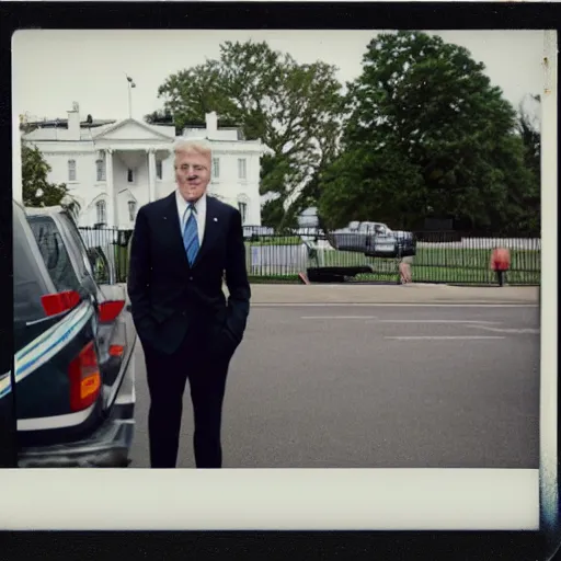 Prompt: polaroid photograph of Joe Biden standing in front of the white house on fire