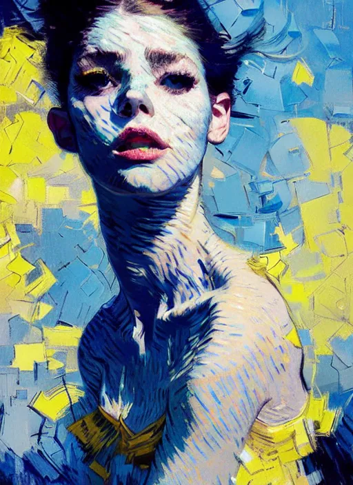 Prompt: portrait of beautiful girl, ecstatic, dancing, eyes closed, shades of blue and light yellow, new york backdrop, beautiful face, rule of thirds, intricate outfit, spotlight, by greg rutkowski, by jeremy mann, by francoise nielly, by van gogh, digital painting