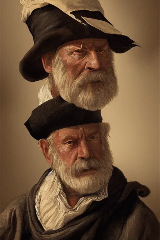 Image similar to portrait, headshot, digital painting, of an old rich 17th century sailor, in tricorn hat, realistic, hyperdetailed, chiaroscuro, concept art, art by Franz Hals