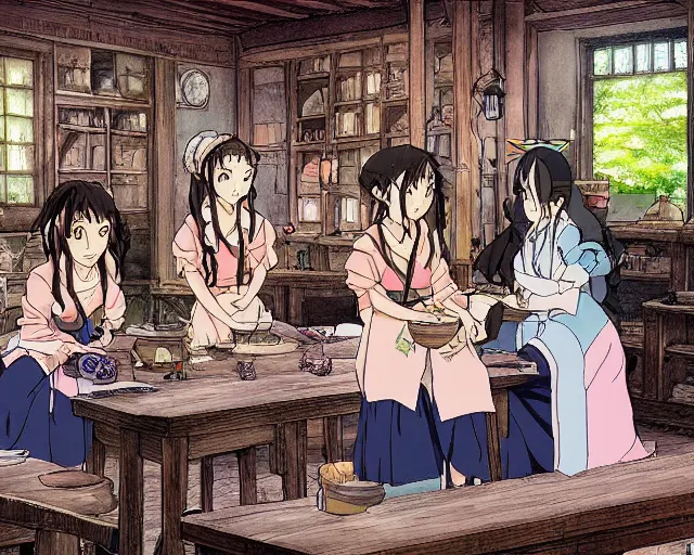 Prompt: group of apprentice wizard girls in a potion making classroom in the style of studio ghibli, ayami kojima, makoto shinkai, dramtic lighting